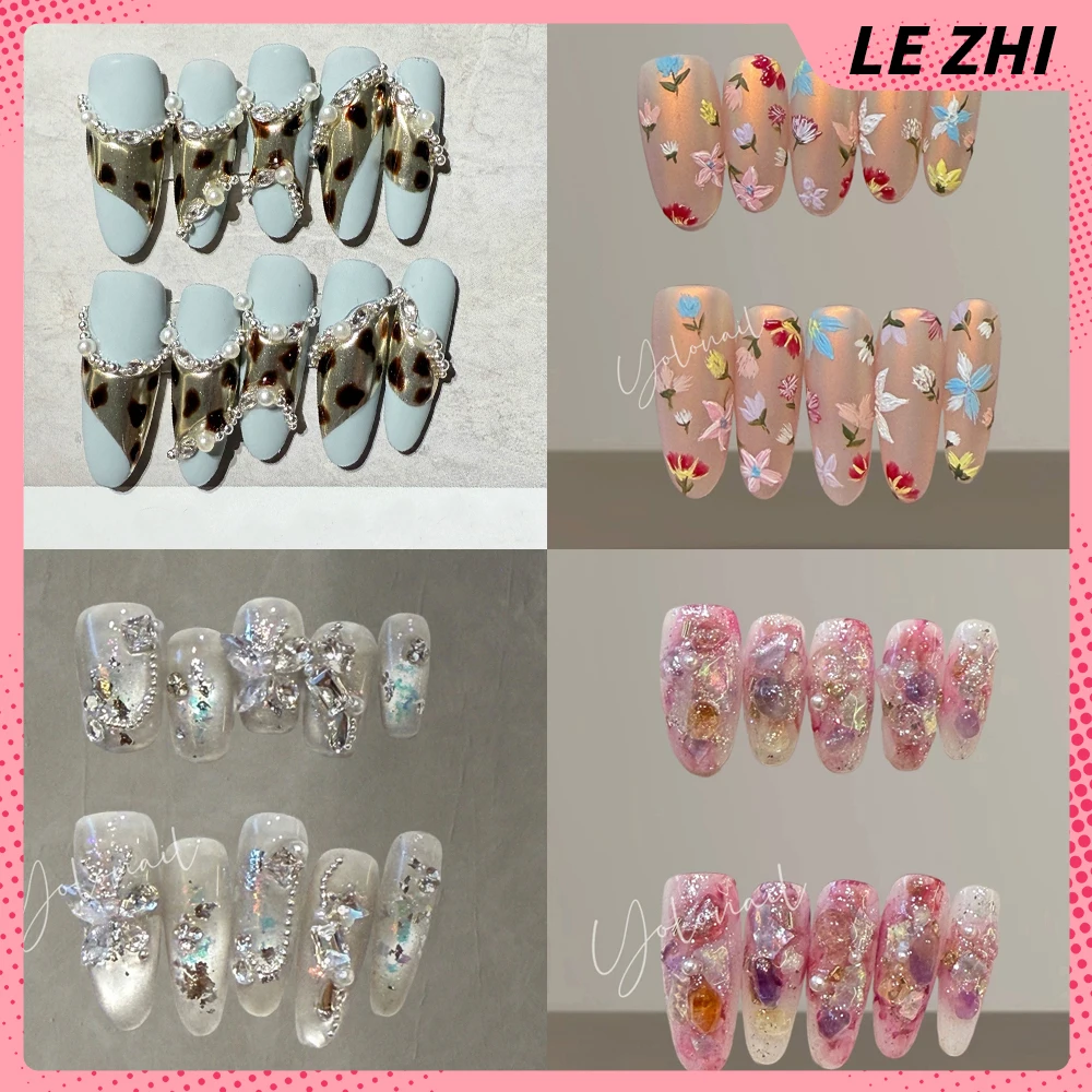 

10Pcs Luxury Demure Handmade Press On Nails Glitter Sequins Cat Eyes Diamond Lace Bowknot Removable False Nail Friend Gift