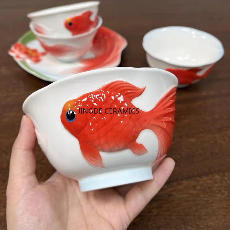 2PCS Ceramic Rice Bowl Home Relief Goldfish Bowl Underglaze Colored Soup Bowl Chinese Style Ceramic Tableware Accessories