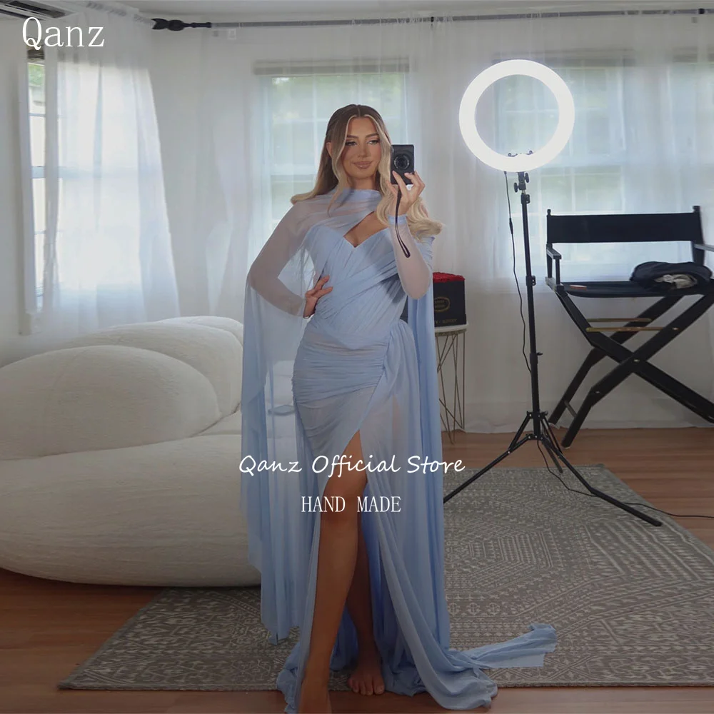 

Qanz Light Blue Evening Dresses Chiffon Mermaid High Slit Party Dresses Luxury 2025 Sweetheart Robes De Soirée Customized
