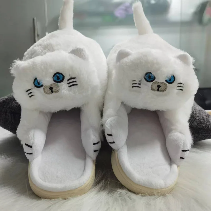 Cute Kitten Winter Slippers Woman Mules Shoes For Home Women\'s Funny Animal Shoes With Cats And Fur Fluffy Slipper Free Shipping