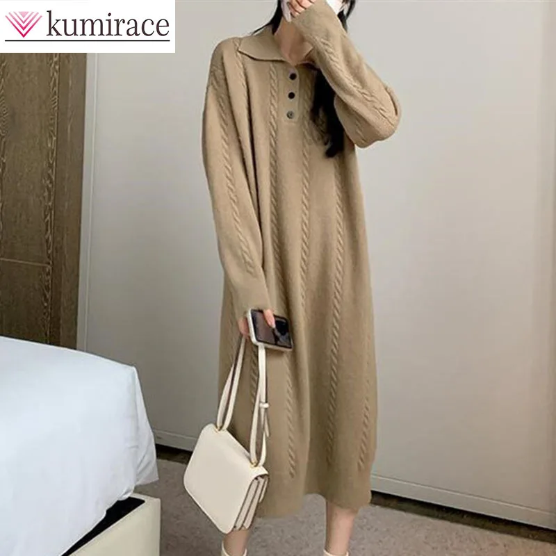 

Long slouchy lapel knit dress Cross border design in autumn 2025 Solid Fried Dough Twists sweater bottom skirt dresslong dresses