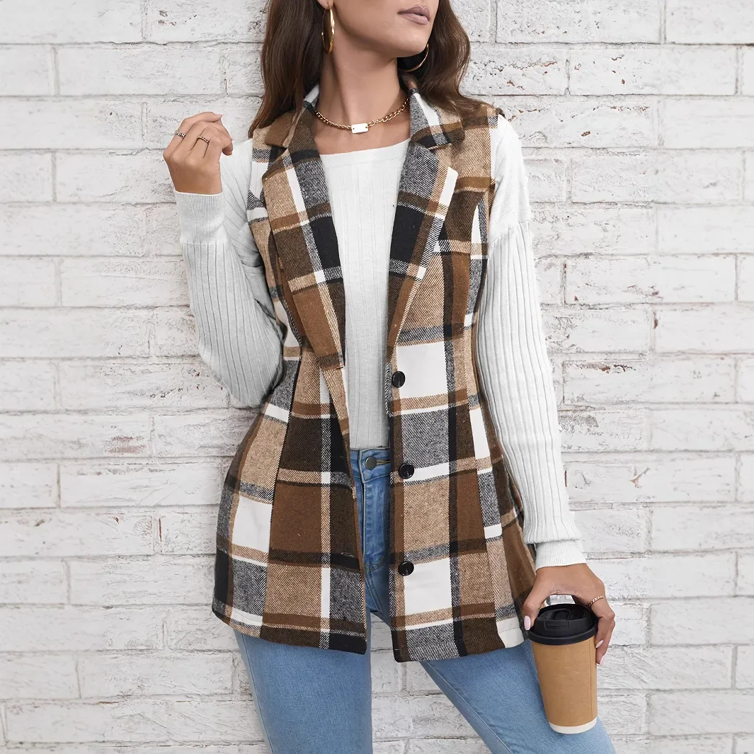 

Spring Autumn Cross-Border Fashionable Versatile Cardigan Elegant Plaid Women's Outerwear Vest Sleeveless Single Button