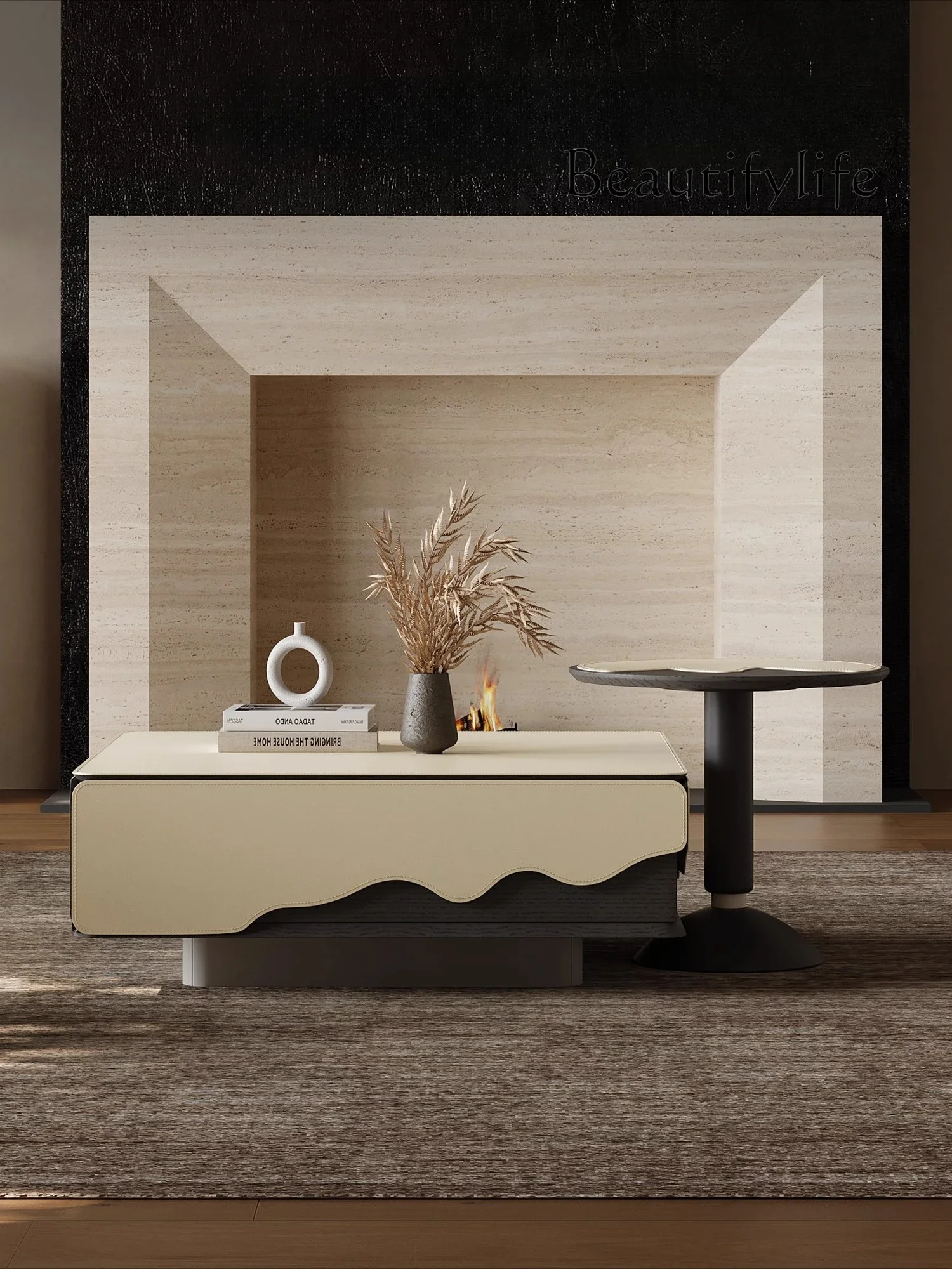 

Italian minimalist coffee table combination square saddle leather high-end living room household small apartment creative cream