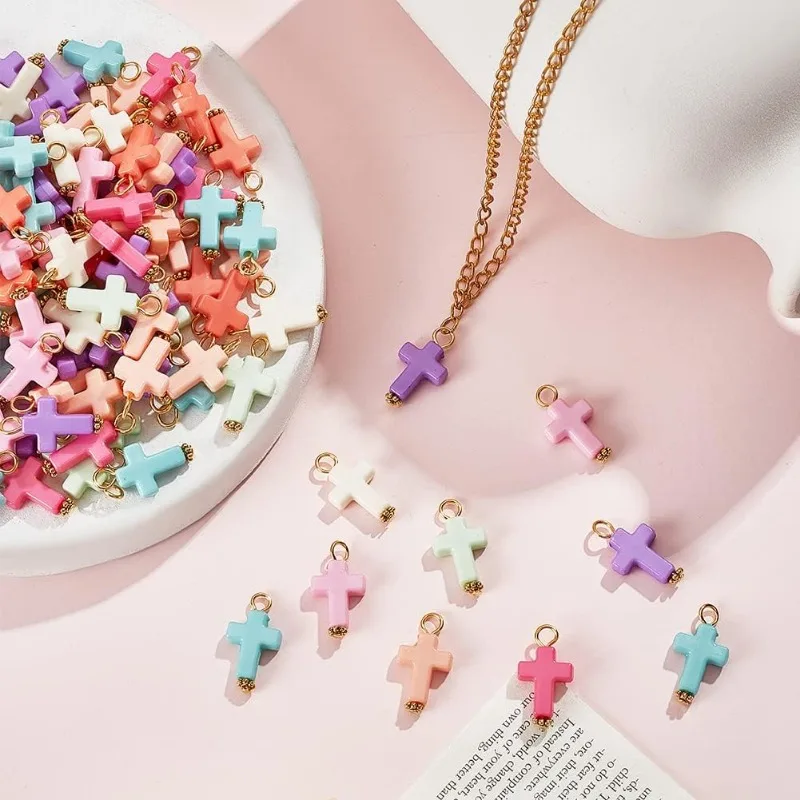 200 Pcs Cross Acrylic Pendants Random Colors Opaque Cross Pendants Crucifix Cross Charm Beads with Iron Finding for Easter DIY