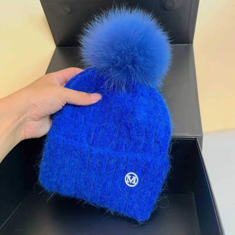 2023 Feal  fox Pom Pom Women Hat Natural Fur Winter Hat Beanies Hat Fowmen Fashion Warm Wool Ski Real PomPom Hat