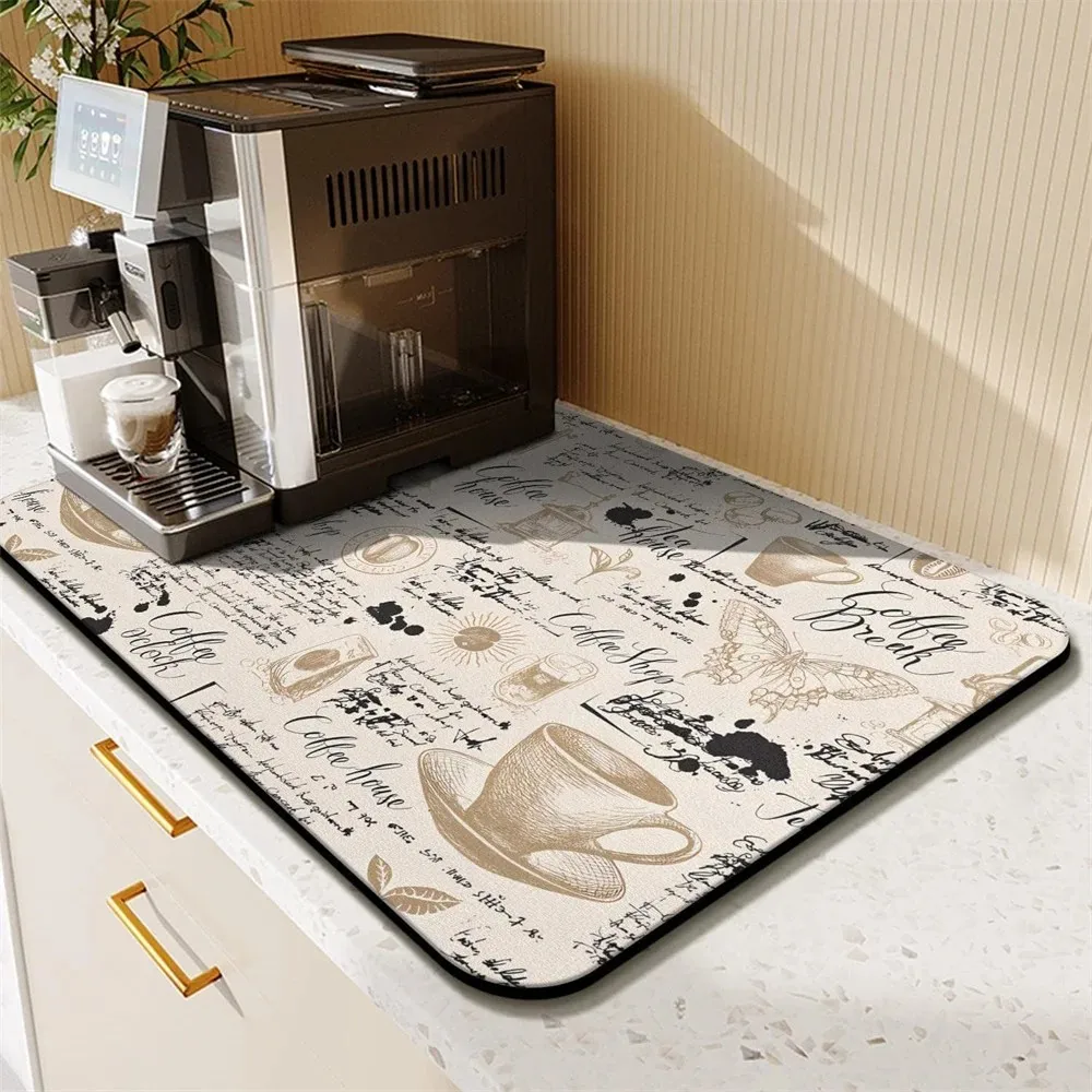 VIKAMA Minimalist Black Coffee Line Drying Mat, Luxury Simple Water Absorbent Non‑Slip Coffee Bar Mat