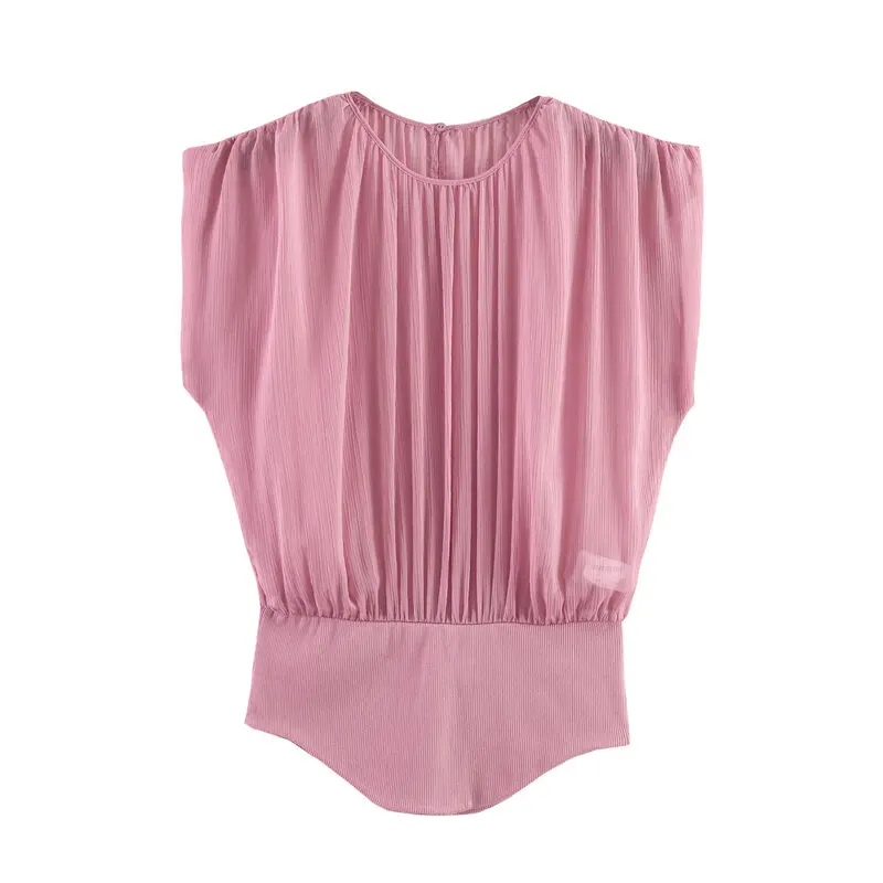 Spring Summer 2026 Women's round Neck Gored Shirt Semi-Transparent Splicing Design Loose Fit No Sleeve Elegant Style
