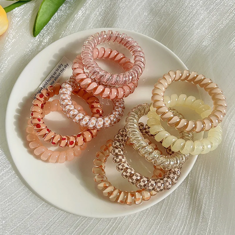 女性用スパイラル弾性コード,女性用輪ゴム,電話線,カラフルなプリント,ファッション,ギフトアクセサリー,1セットあたり5個