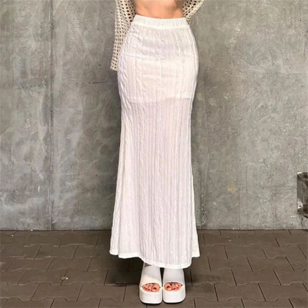 

White Sexy Solid-color Fishtail Skirt Fitted High-waisted Long Pleated Skirt For Women Stripe Bodycon Skirt Office Ladies Slim