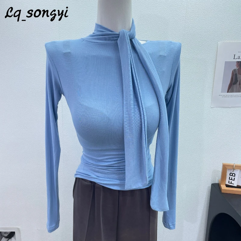 

Lq_songyi Elegant Long Sleeve Slim T Shirts Women Spring Autumn High Strecth Top Scarf Collar Sexy Solid Thin Basic T Shirt