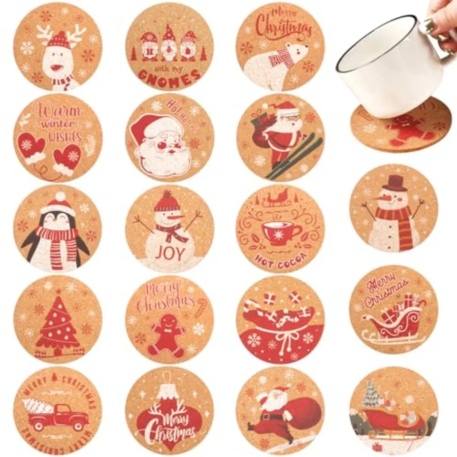 

18PCS Christmas Coasters for Drinks Christmas Cork Coasters 4Ih Cork Cup Mat Wooden Coasters for Xmas Party Home Kitchen Table
