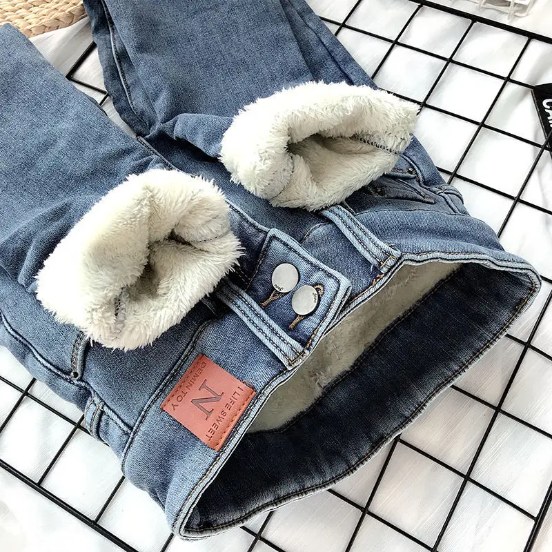 

Woman Thick High Elastic Waist Skinny Jeans Female Simple Fleece Warm Slim Stretch Pants Ladies Casual Denim Pencil Pants G557