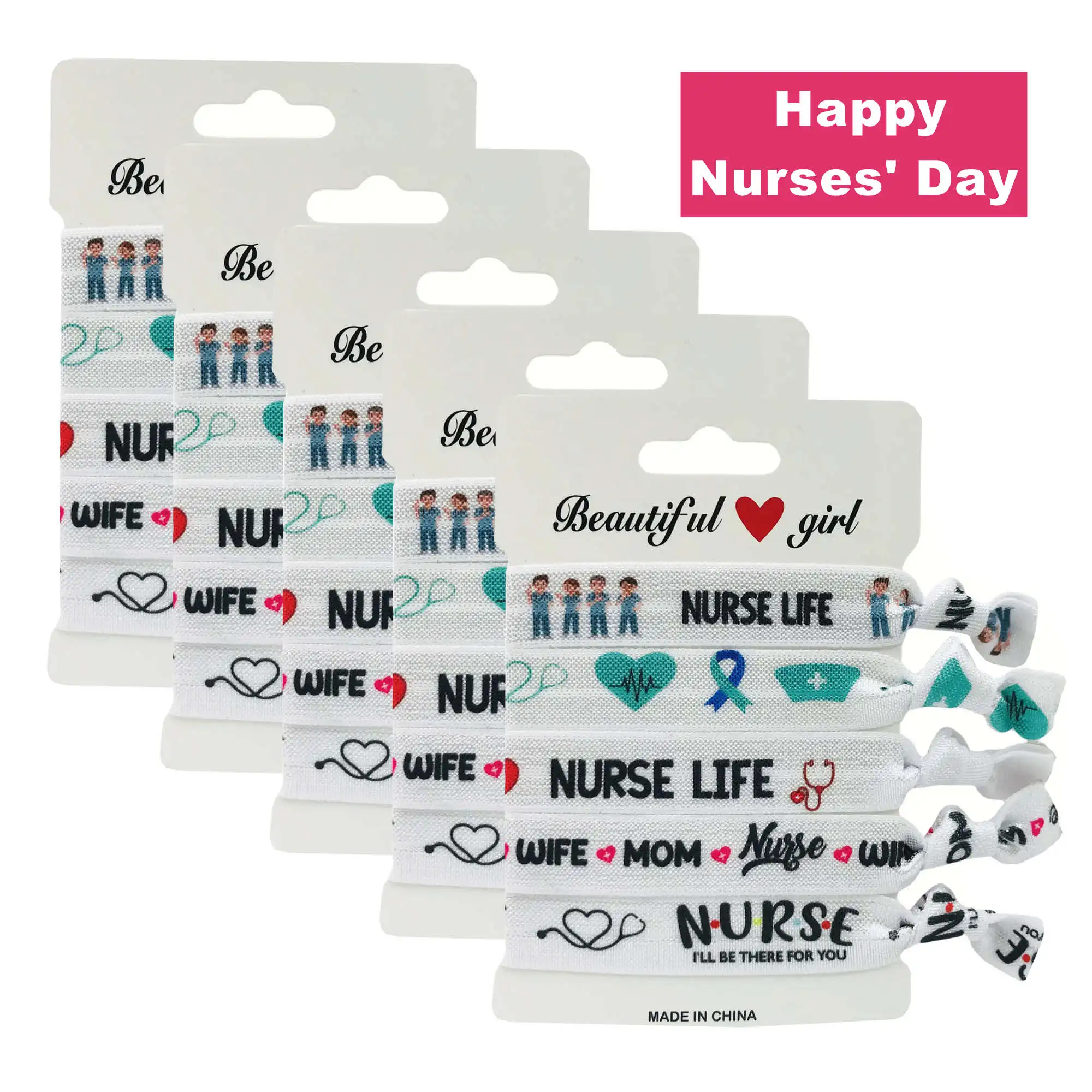 1/5 Packs Nurses Day Hair Ties Handmade Knotted Elastic Hair Bands NURSE LIFE Ponytail Holder Wristband for Women Gifts