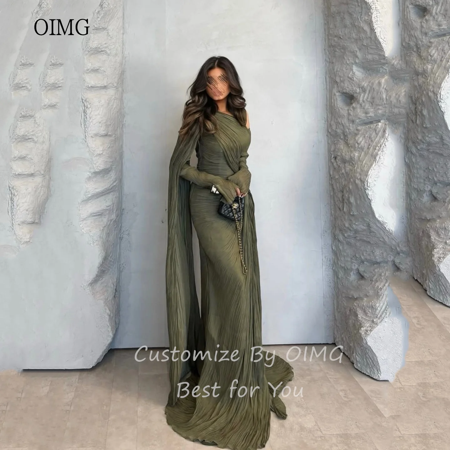OIMG Modest Full Sleeves Mermaid Prom Gowns Saudi With Cap Formal Party Gown Vintage Floor Length Evening Dress 2025 Customized