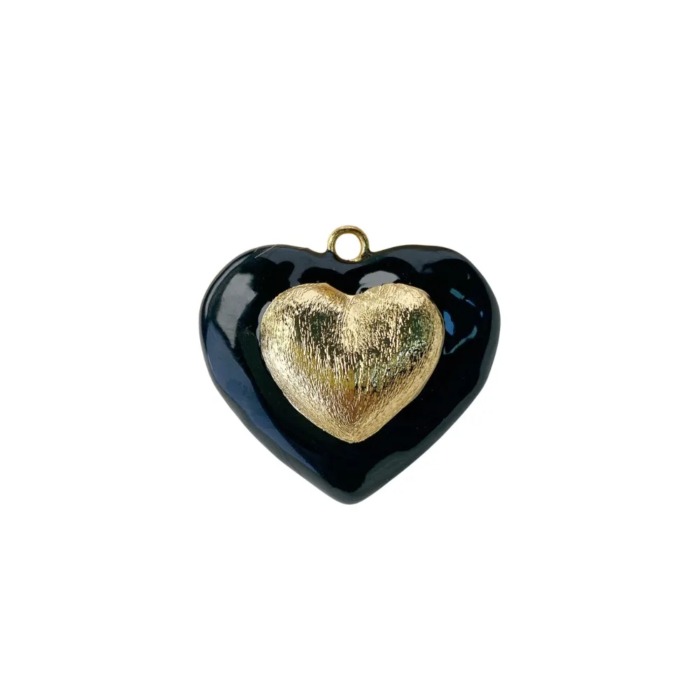 2 Pcs French Large Heart Enamel Pendant for Diy Necklace Making Copper Gold Plated Three Dimensional Charm Jewelry Accessories