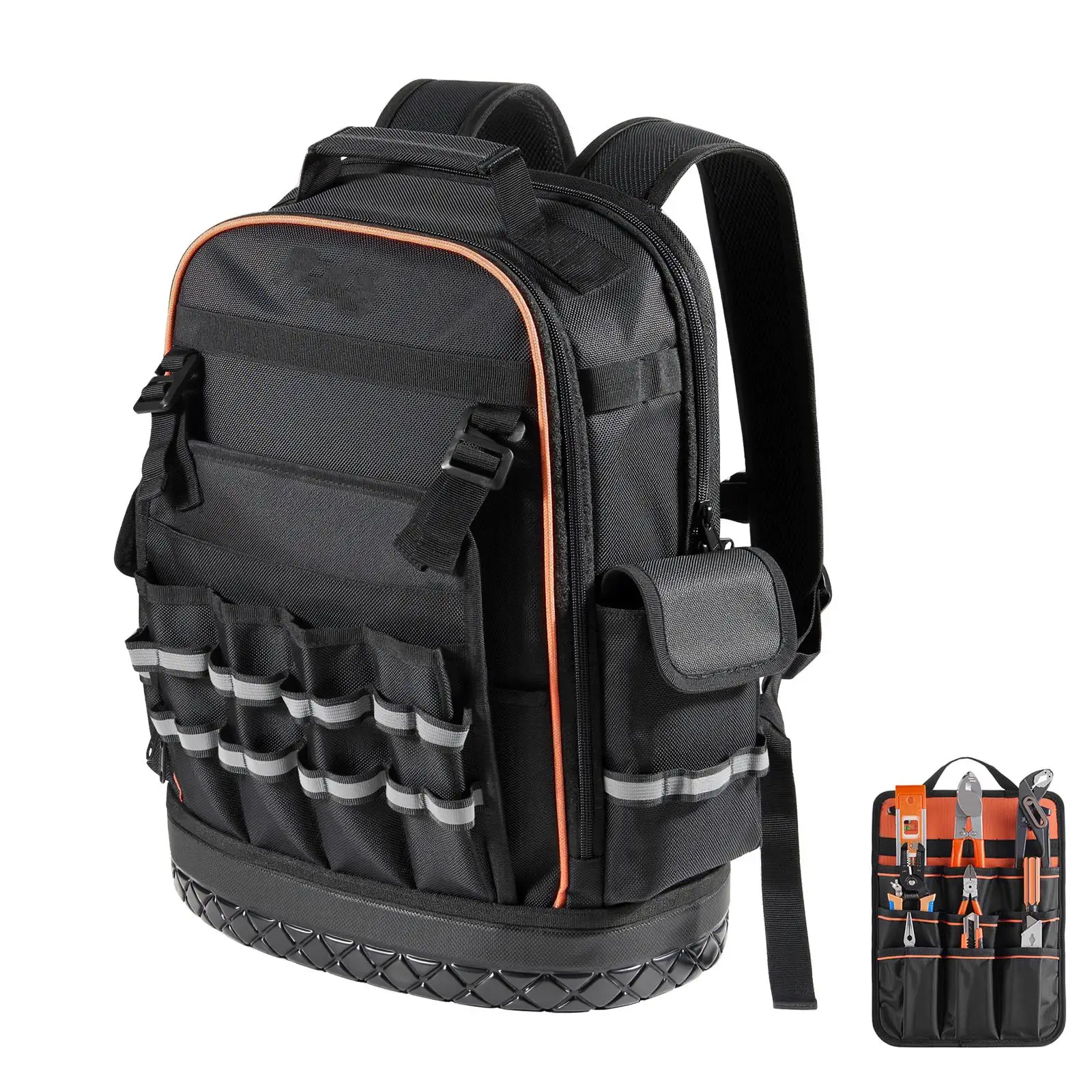 64 Pocket Heavy Duty Tool Storage Backpack with Laptop Compartment and Molded Base for electrician Repairman and HVAC Jobsite Work