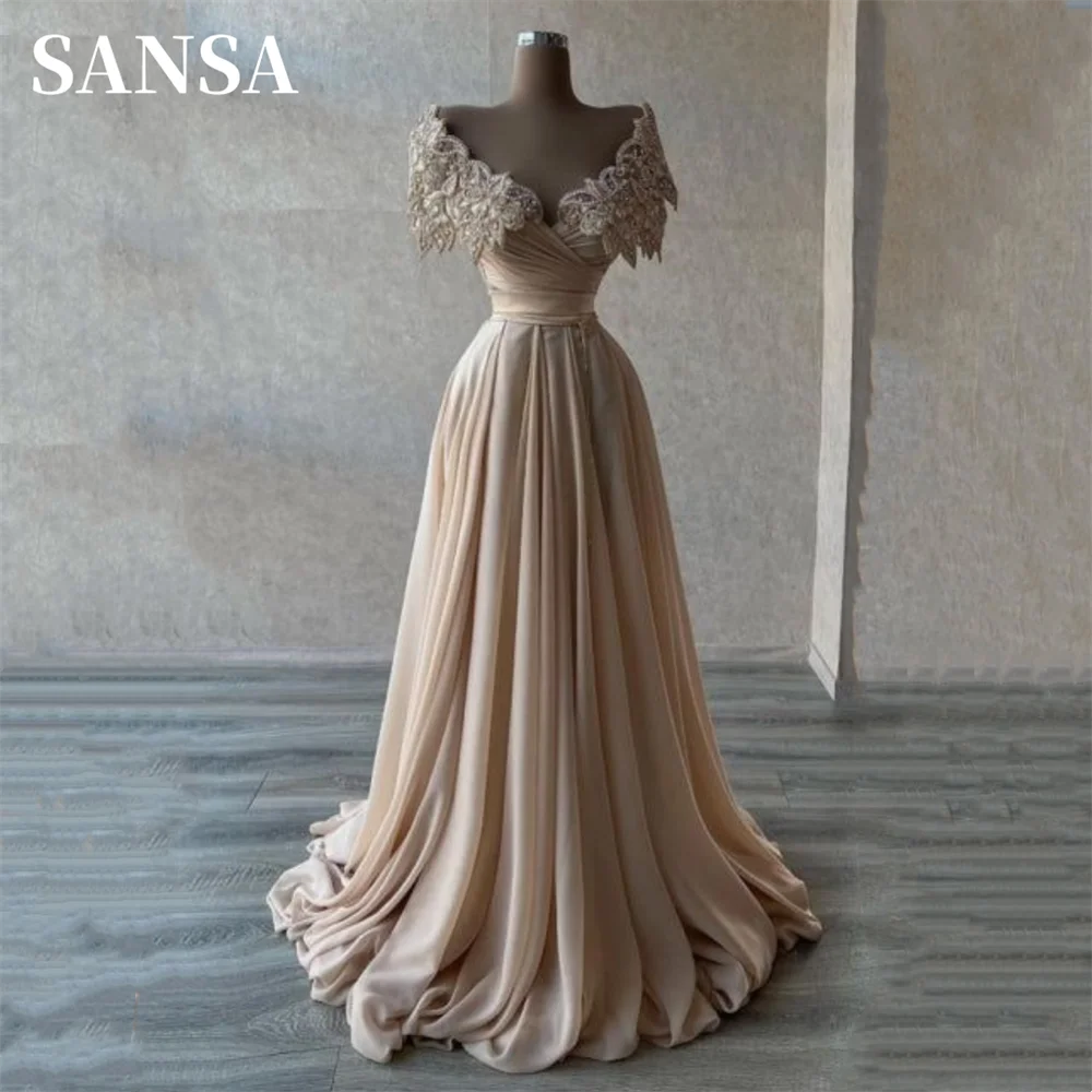 

Sansa Luxury Off Shoulder A-line فساتين السهرة Sequins Lace Embroidery Champagne Silk Prom Dress Elegant Vestidos De Noche