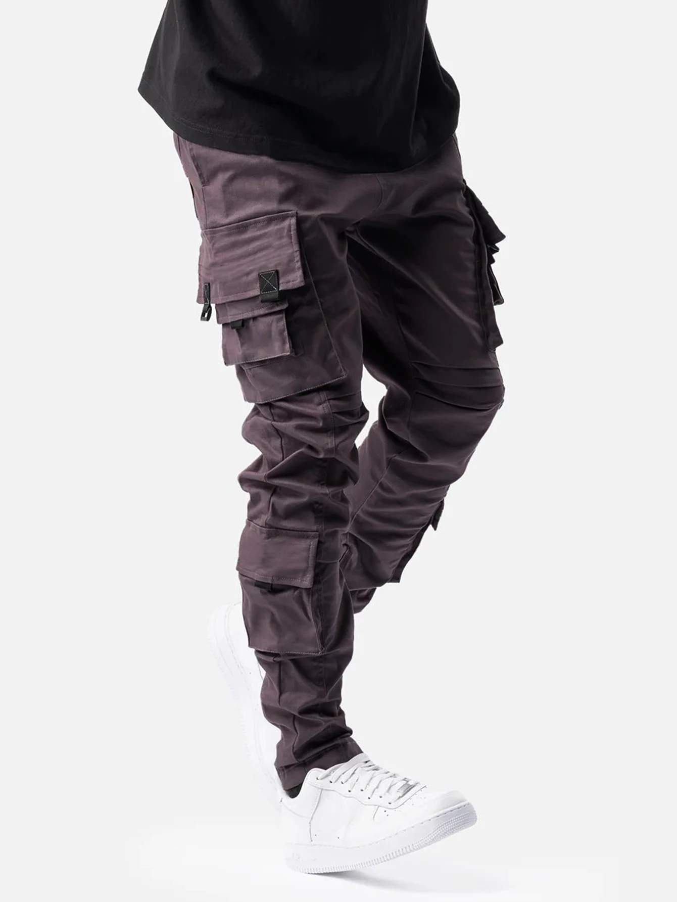 

Стильные повседневные длинные брюки для мужчин, дизайн с множеством карманов, регулируемый пояс на шнурке, облегающий крой, уличный стиль для весны и осени