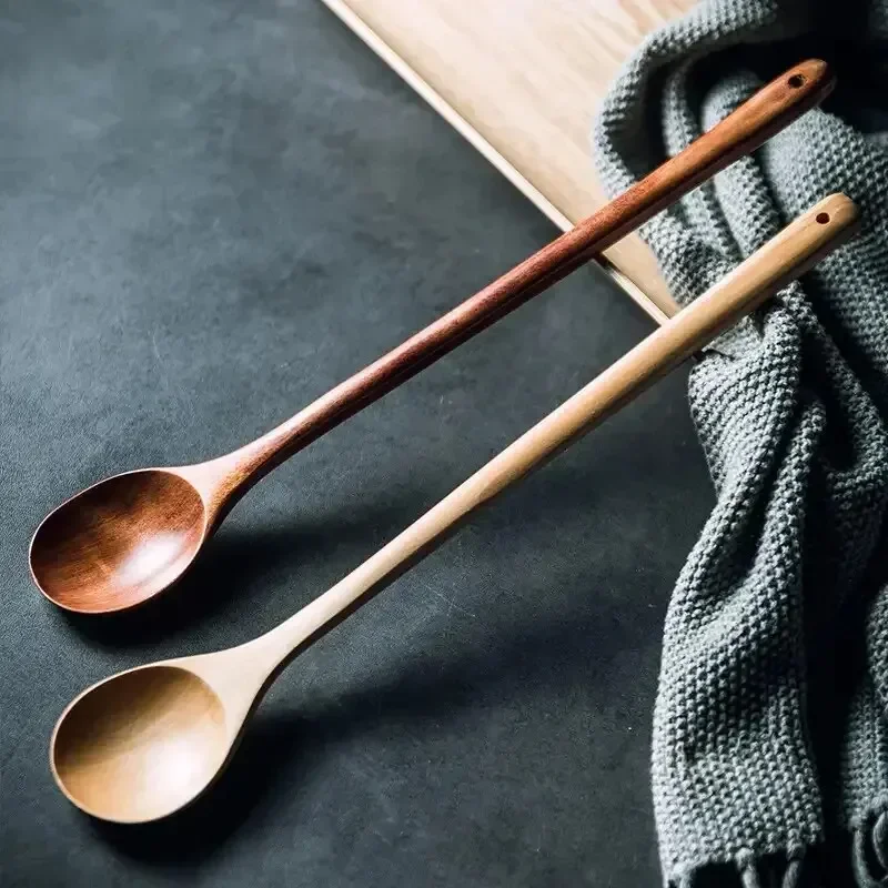 Long Wooden Teaspoons Kitchen Cooking Utensils for Soup Tea Honey Stirring Spoon Ladle Soup Spoon and Fork