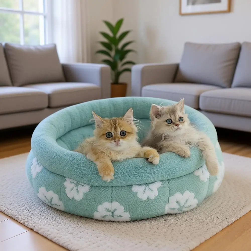 

Моющаяся круглая лежанка для кошек, милая 3D-лежанка в форме котенка с нескользящим дном, 20 дюймов, зеленая