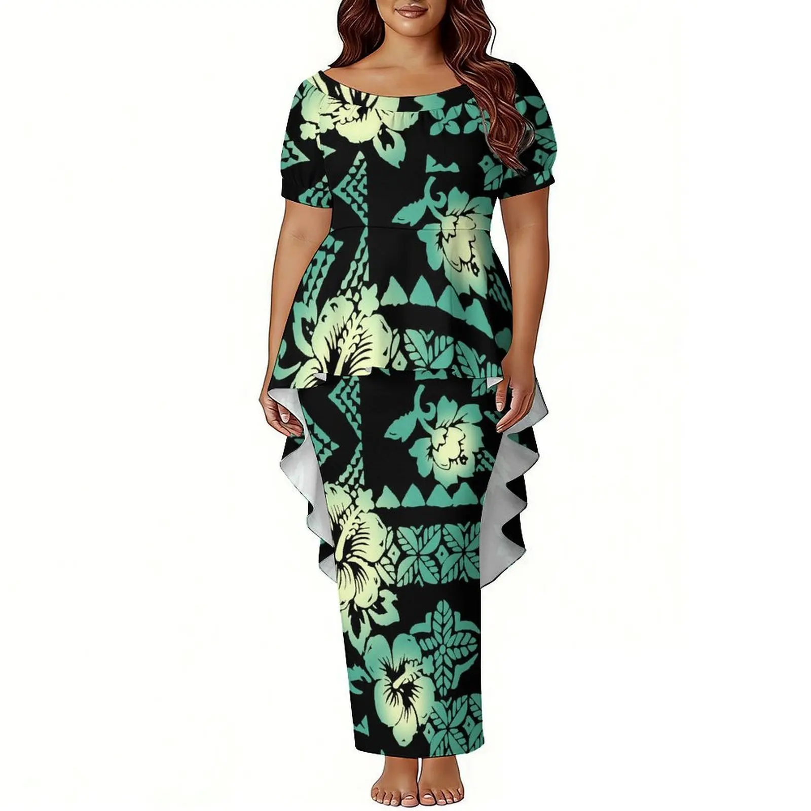 

Элегантный женский комплект: блузка и длинное платье с принтом в полинезийском/самоанском винтажном стиле для коктейльной вечеринки.