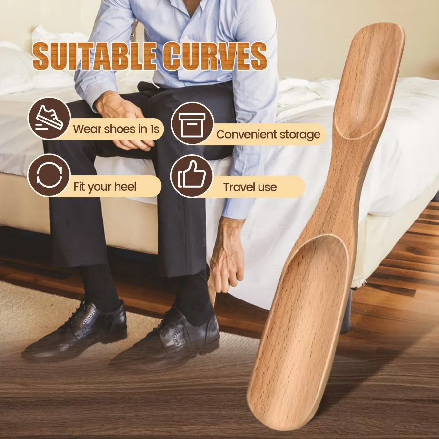 25cm Wooden Shoe Lifter, Dual Spoon Shoe Horn, Sturdy Frosted Grip, Portable Travel Wearing Aid for Home Commute, Durable