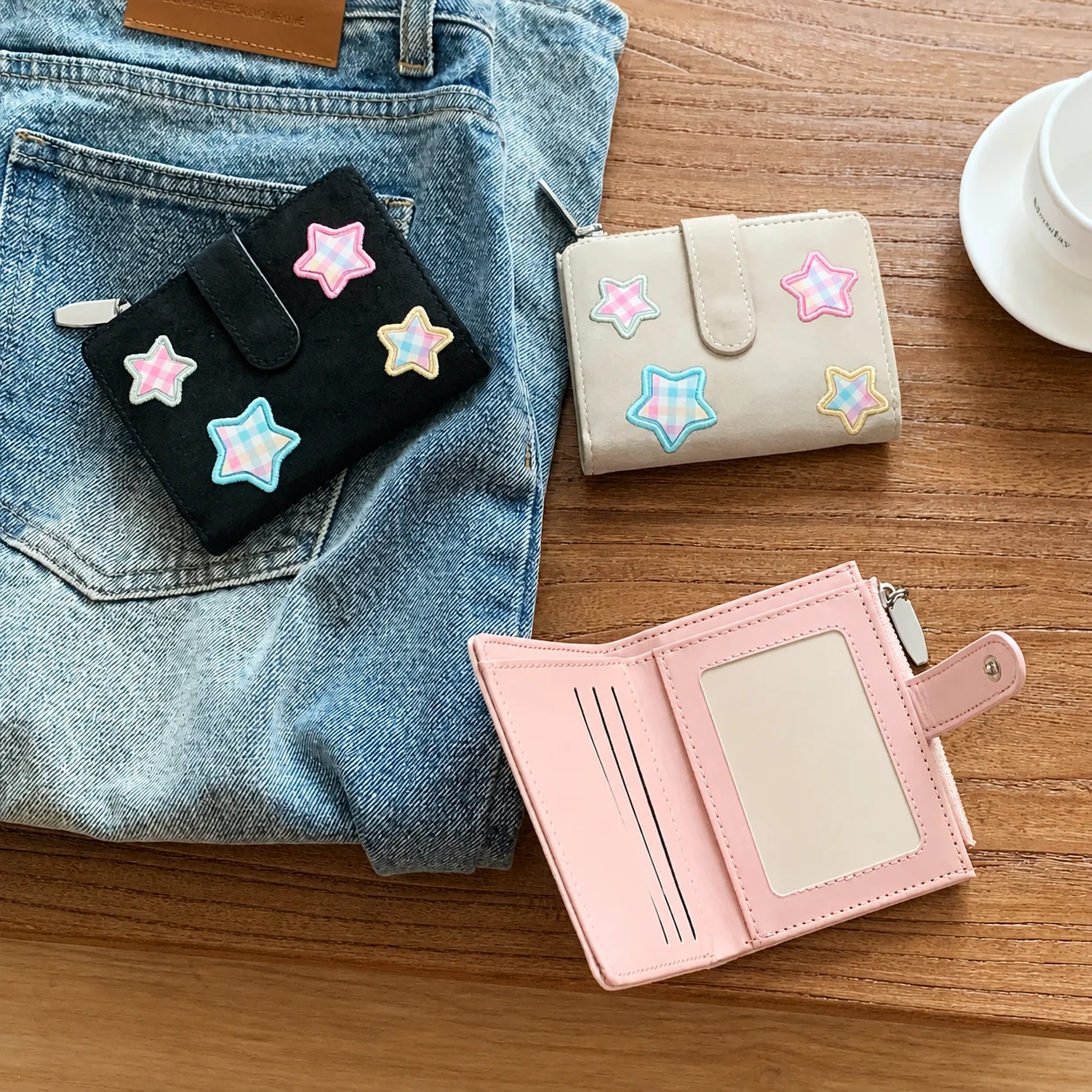 Fashion Plaid Star Embroidered Short Wallets PU Leather Large Capacity Coin Wallet Multifunction Card Holder Daily Carry