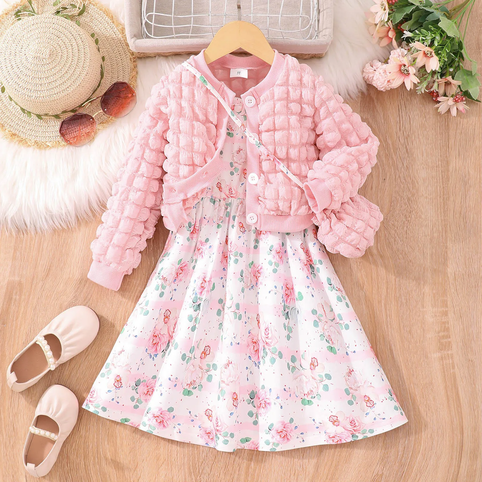 Kids Girls Long Sleeve Coats And Floral Print Tank Dress+Bag 3PCS Outfits Clothes Set For Children Kids Fall Winter Clothes 2-7Y