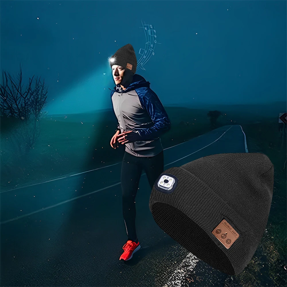 قبعة صغيرة 5.0 متوافقة مع البلوتوث مع قبعة محبوكة موسيقية خافتة خفيفة مع سماعة رأس قبعة متماسكة قبعة أذن تخزين المواد