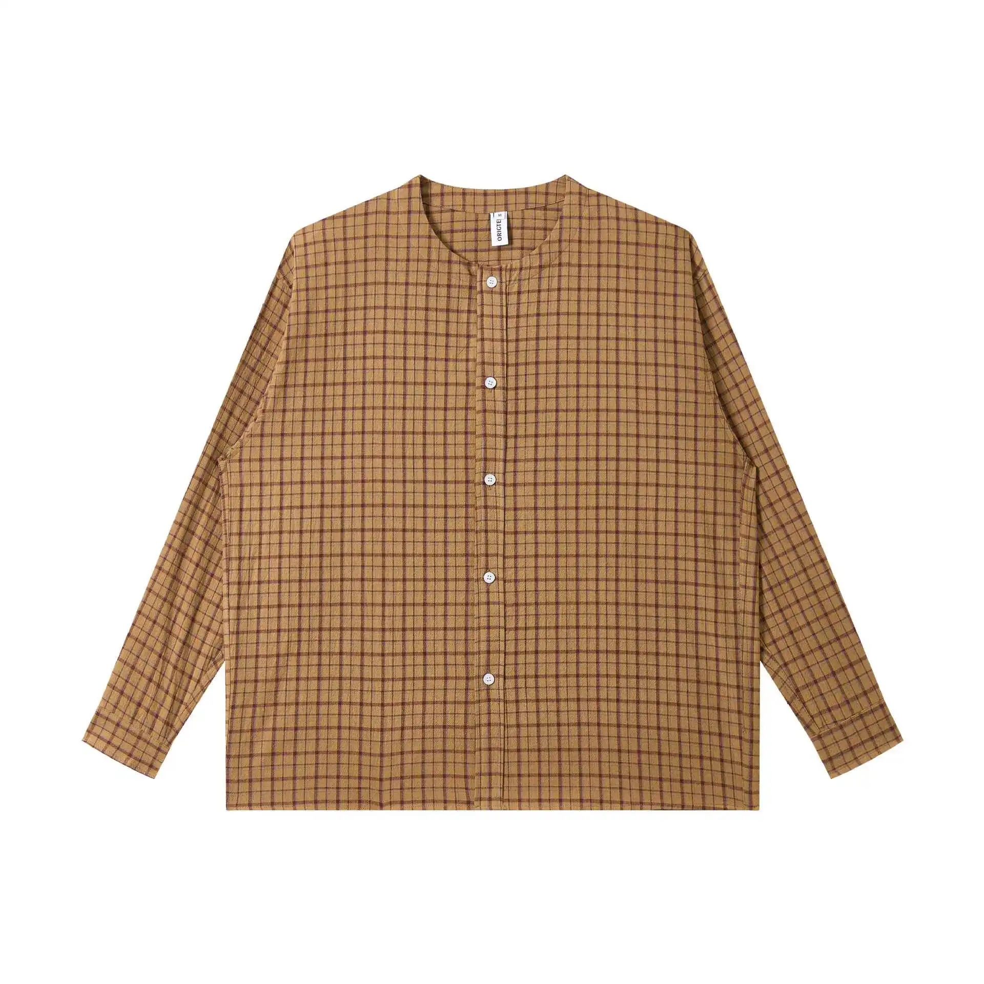 Camisa de Manga Longa Sem Colarinho para Homens, Moda Streetwear Japonesa, Camisas Xadrez Vintage Soltas e Casuais para Mulheres, Blusas e Tops