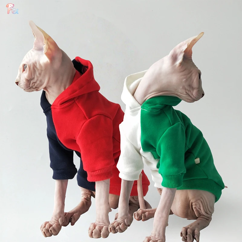 

Autumn Winter Sphynx Cat Clothes Two-Tone Fleece Hoodie for Puppies and Kittens, Warm Cotton Sweatshirt for Hairless Cats