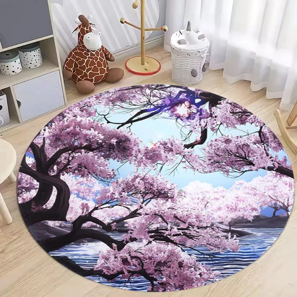 Spring Cherry Blossom Tree Patterned Circular Carpet Pink Floral Print Living Room Bedroom Soft Carpet Entrance To The Foyer Rug