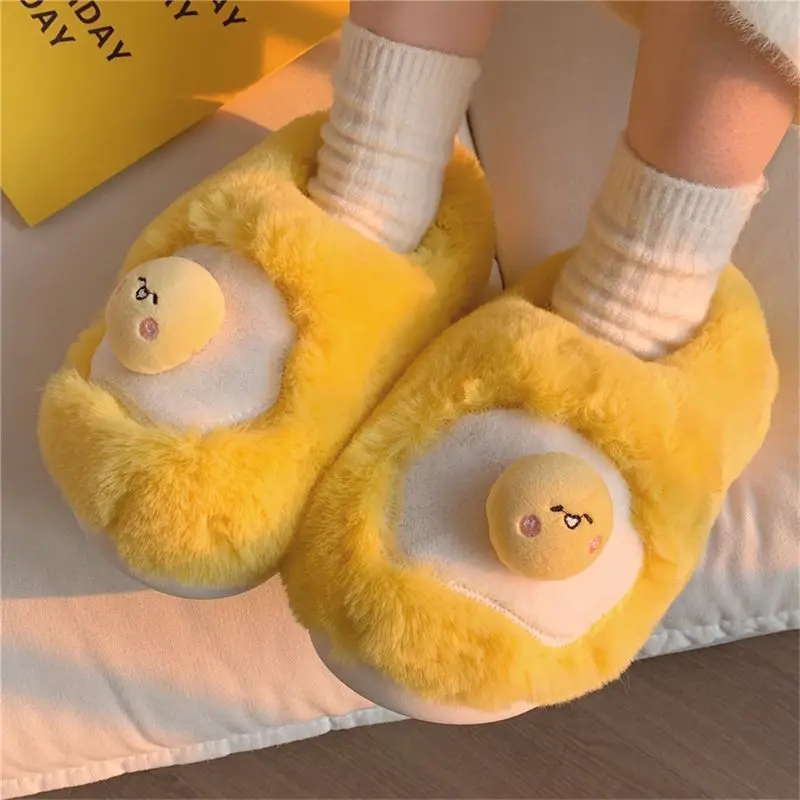 New Cute Fried Egg Shaped Plush Slippers Women Novelty Sunny‑Side‑Up Fleece Lined Indoor Shoes Ladies Home Slip‑On Slipper