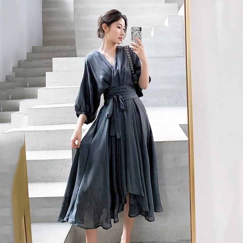 Elegant Summer Dress Satin Smoke Grey Surplice Wrap Knot Half Sleeve High Waist Party Dresses Women Clothes 2024 Autumn