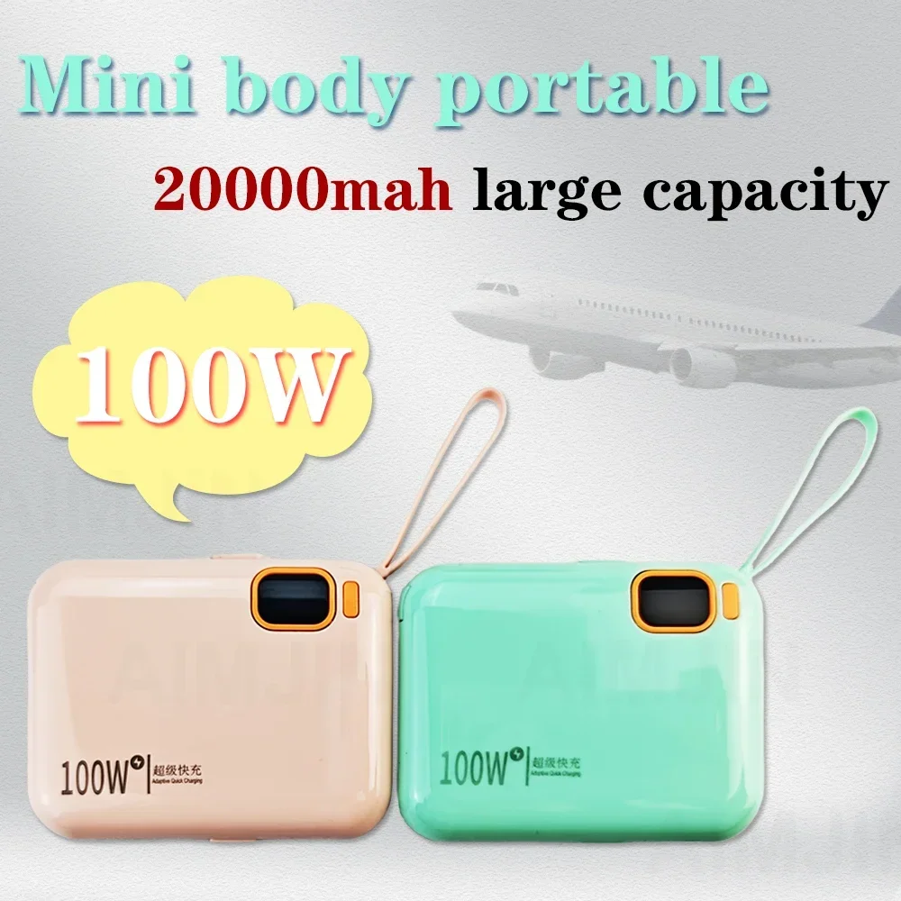 แบตสำรองพกพา100W 20000mAh สายเคเบิ้ลความจุสูงชาร์จเร็วสองทางมินิพาวเวอร์แบงค์สำหรับ iPhone Samsung ใหม่