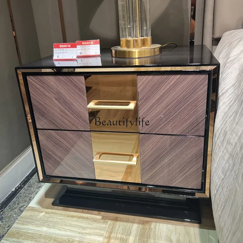 Light luxury solid wood bedside table stainless steel decorative villa high-end bedroom locker