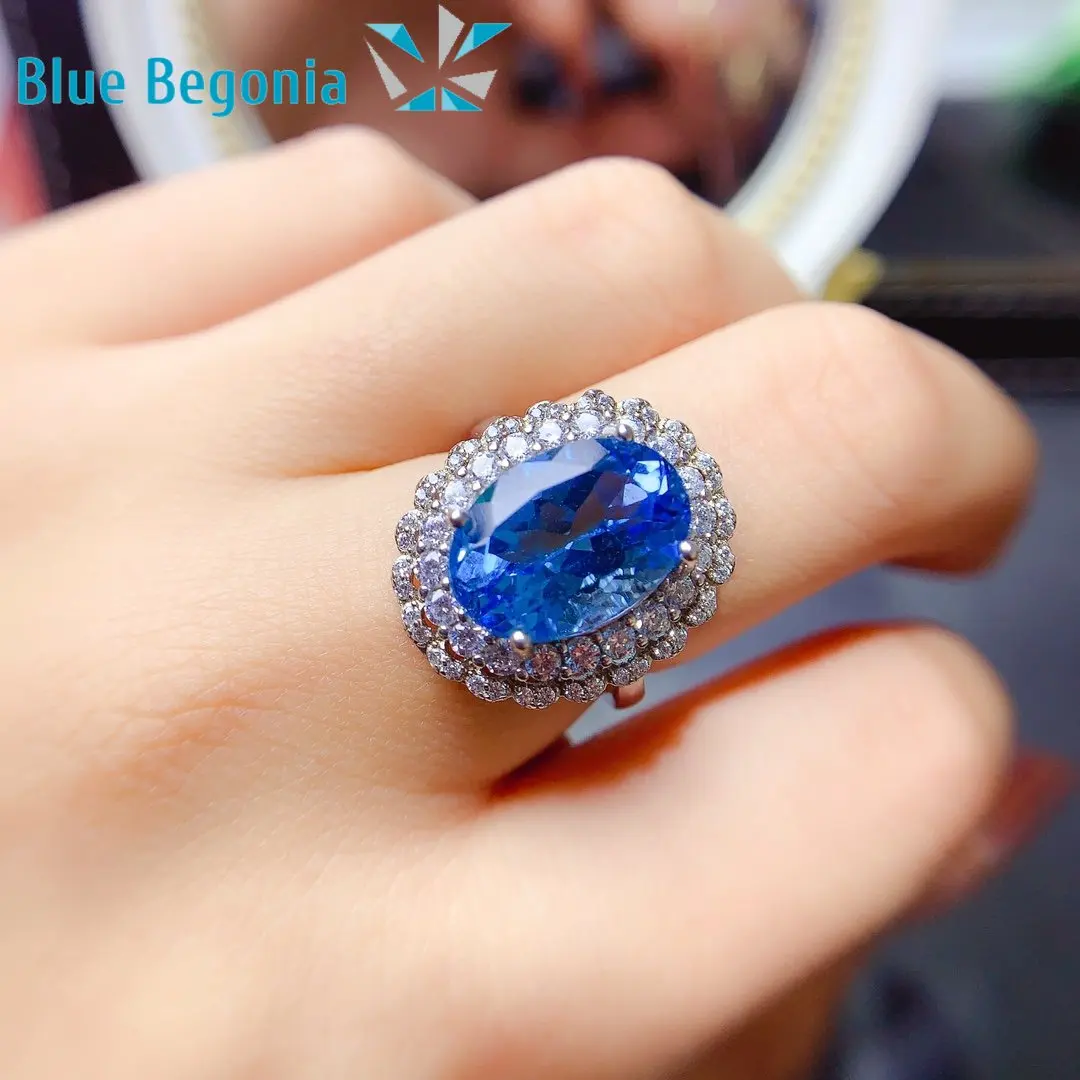 10*14MM Natural Swiss Blue Topaz Ring 925 Sterling Silver Fine Jewelry for Women Anniversary Gift