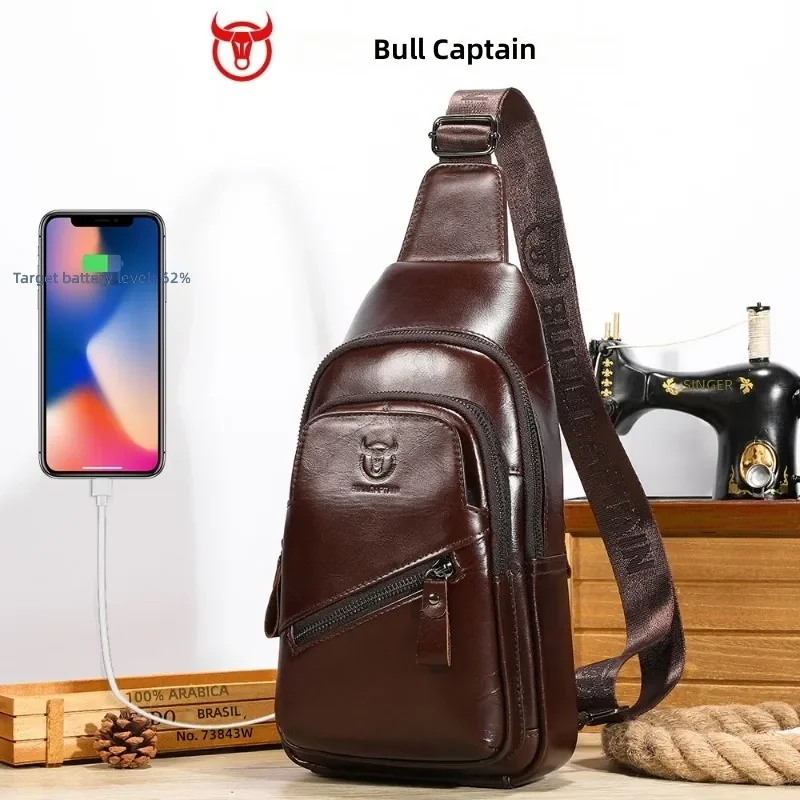 

Large Capacity Genuine Leather Men Chest Bag, Cowhide Single Shoulder Crossbody Pack, Multifunctional Waist Bag for iPad Tablet