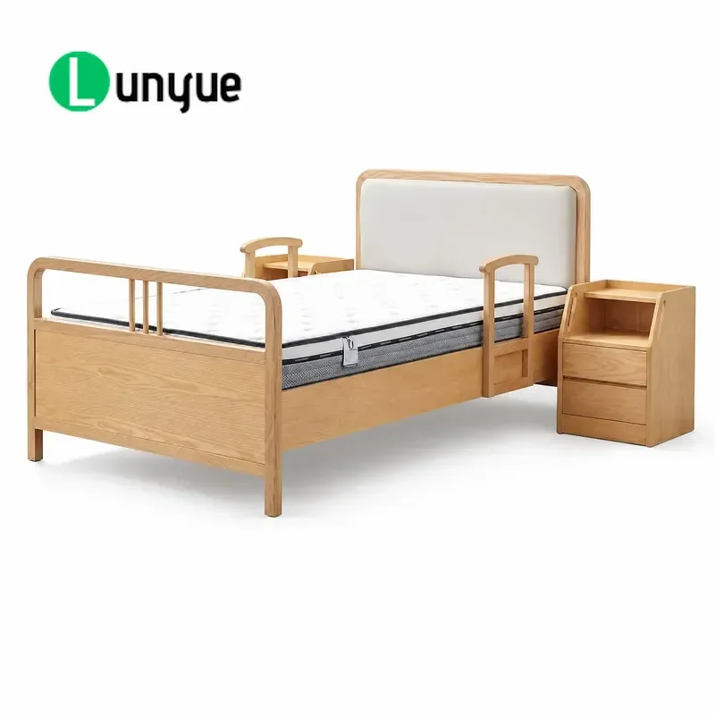 Premium Solid Ash Wood Care Bed with Antibacterial Leather and Safety Rails for Luxury Aged Care Center Hospital Rooms