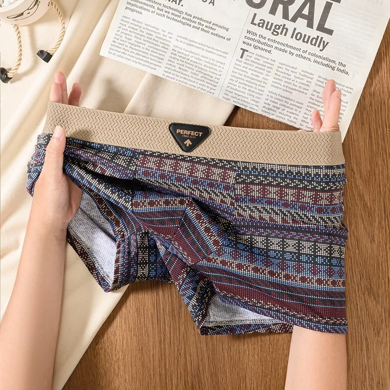 American Retro Ethnic-Style Men's Underwear: Comfortable, Breathable Boxer Briefs with Unique Prints; Men's Plus-Size Shorts