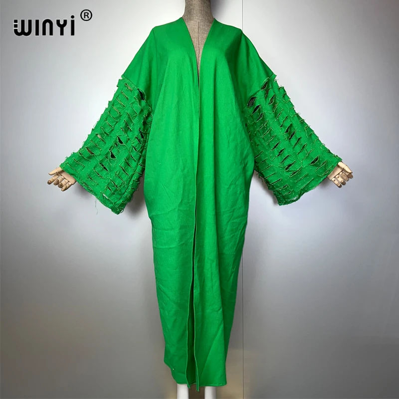 WINYI nuevo abrigo maxi kimono para mujer, abrigo con agujeros, cárdigan vaquero, abrigo largo para cubrir, trajes de playa para mujer, abaya de lujo de Dubái
