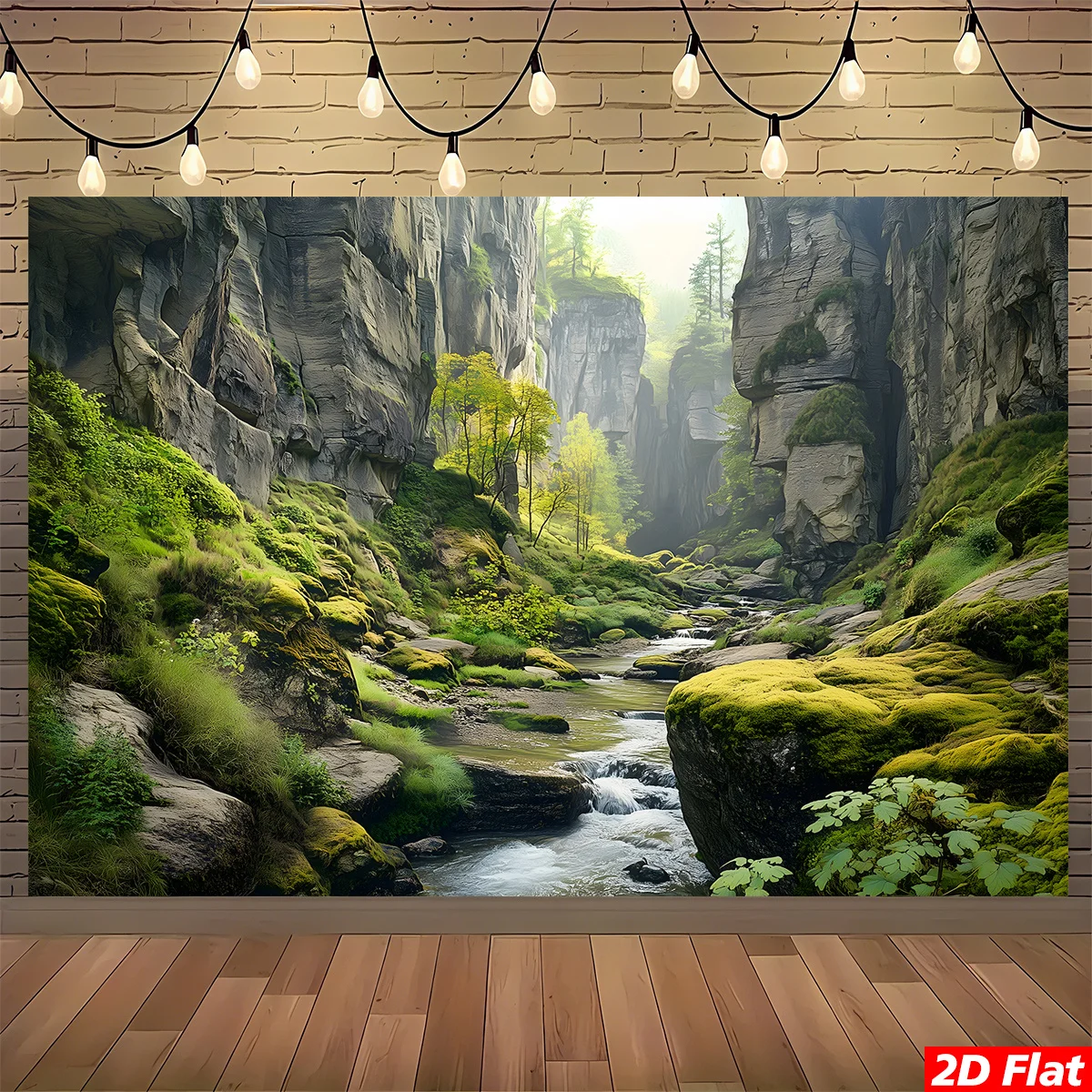 2D Flat, 1pc Canyon Stream Nature Tapestry Wall Hanging - Large Horizontal Landscape Print with Greenery, Waterfalls & Canyon Wa