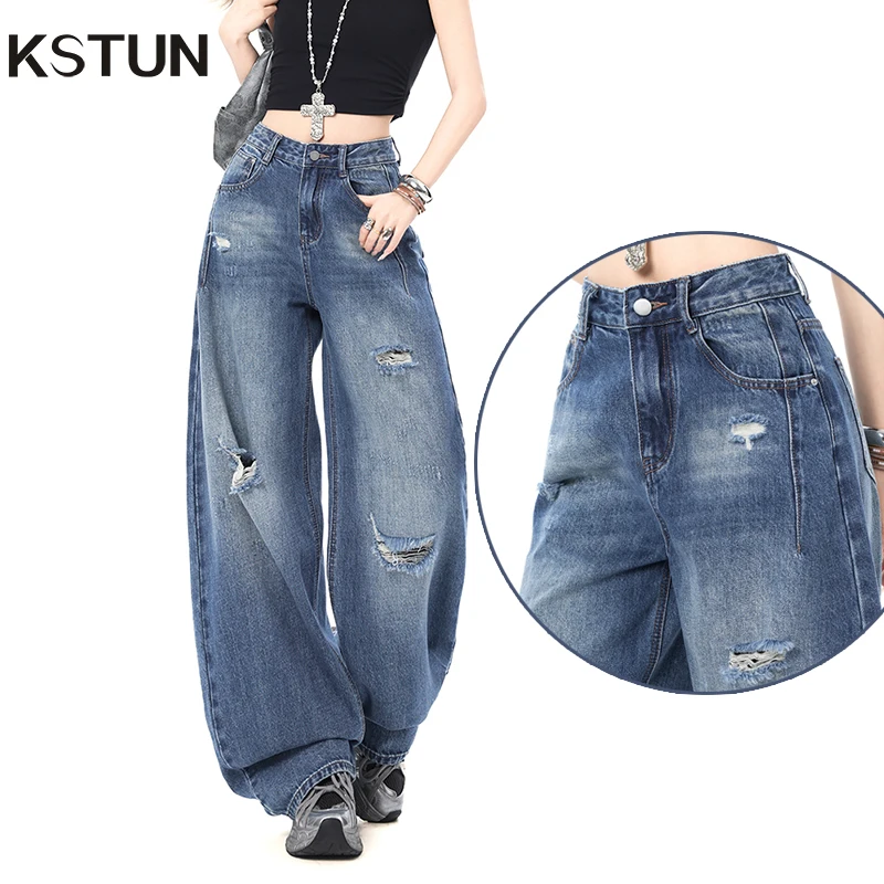 

KSTUN 2026 Summer Ripped Jeans For Women Wide Leg Loose Distressed Jeans Hollow Out Streetwear Trousers Hiphop Boyfriend Pants