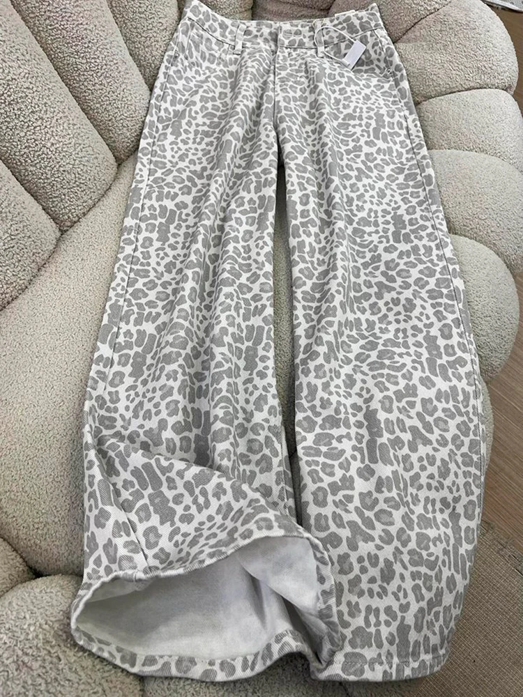 Hop Leopard Jeans Women Loose Vintage High Waist Streetwear Y2k Denim Pants Fall Winter Bf American Harajuku Retro Trousers