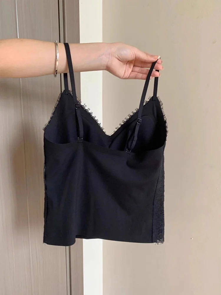Women's Lace V-Neck Tank Top Bralette with Chest Pad Fishbone Design Inner Wear Beautiful Back Strap Vest Summer Fashion