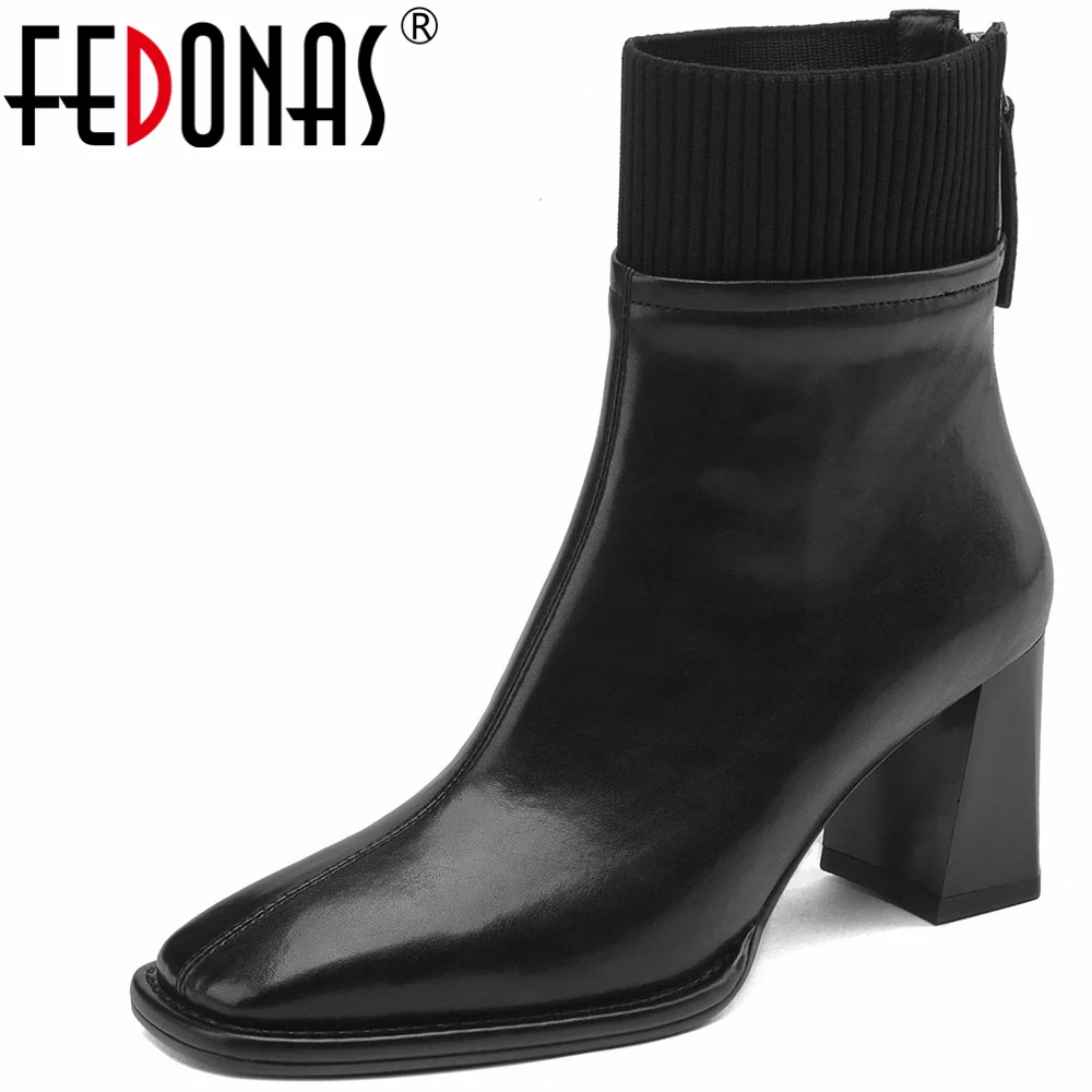 

FEDONAS 2023 Splicing Knitting Women Ankle Boots Autumn Winter Genuine Leather Back Zipper Basic Office Lady Shoes Woman Mature