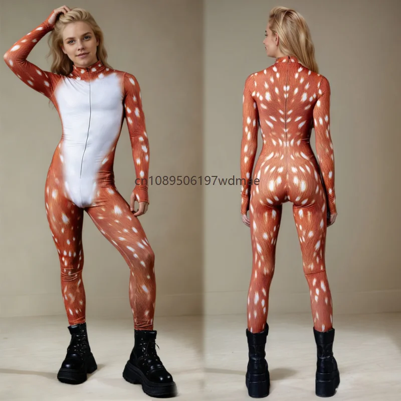 

Deer Print Full Body Zentai Suit for Women Men Cosplay Costume Bodysuit with Zip Animal Couple Theme Party Performance Jumpsuit
