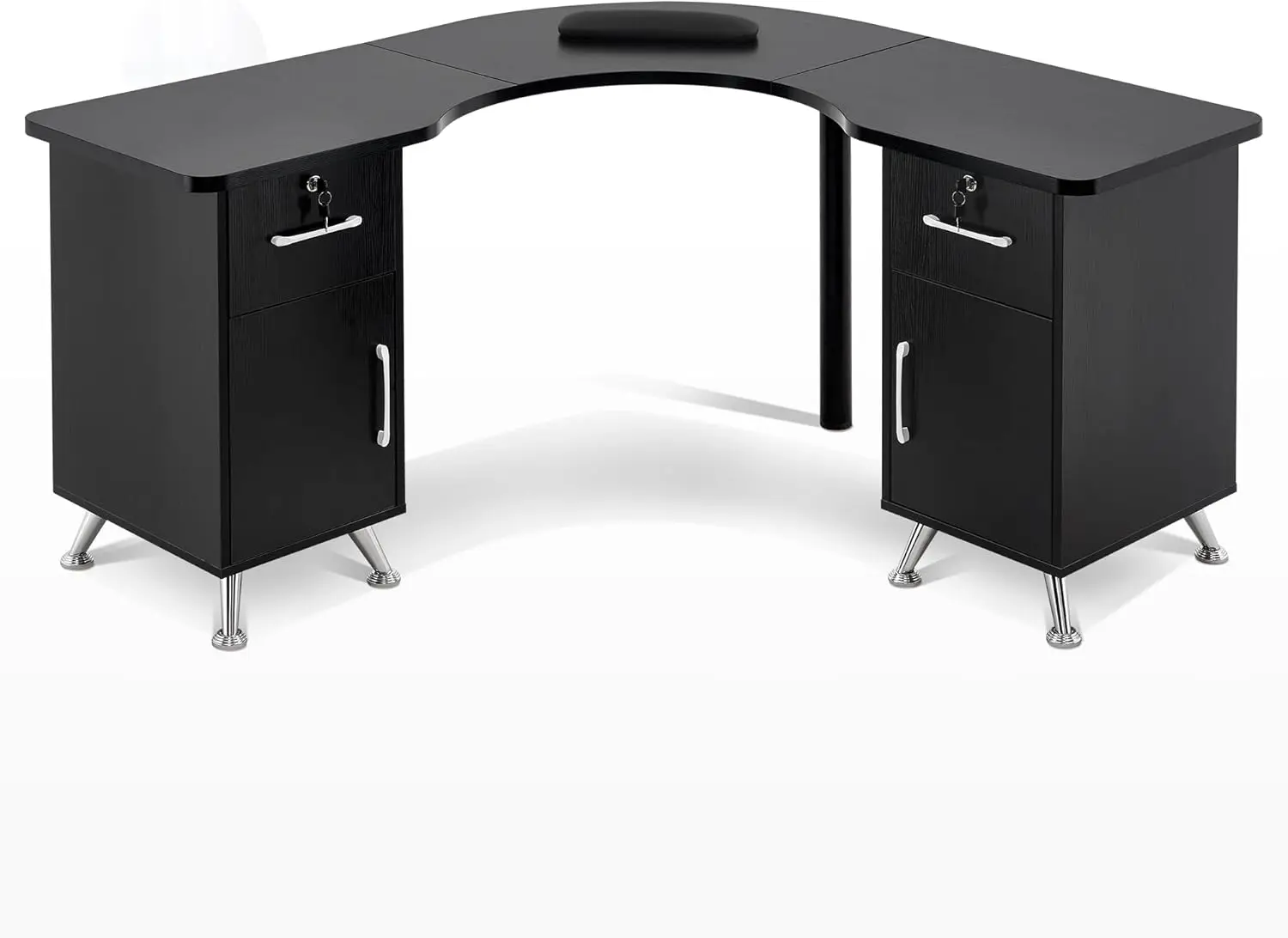 Barberpub L Şekilli Çekmeceli ve Dolaplı Tırnak Masası, Güzellik Salonu Bilek Yastıklı Köşe Manikür Masası, Salon Depolama