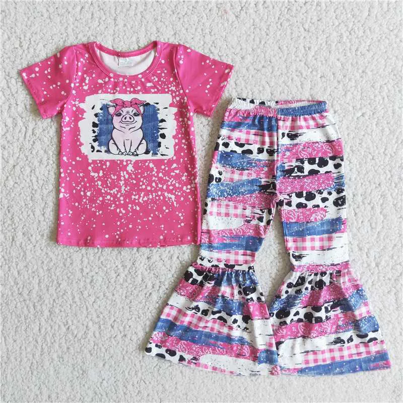 

New Summer popular Kids Girl hot sale Tie Dye pig print floral Flare Pants Wholesale fashion Design Boutique Outfit