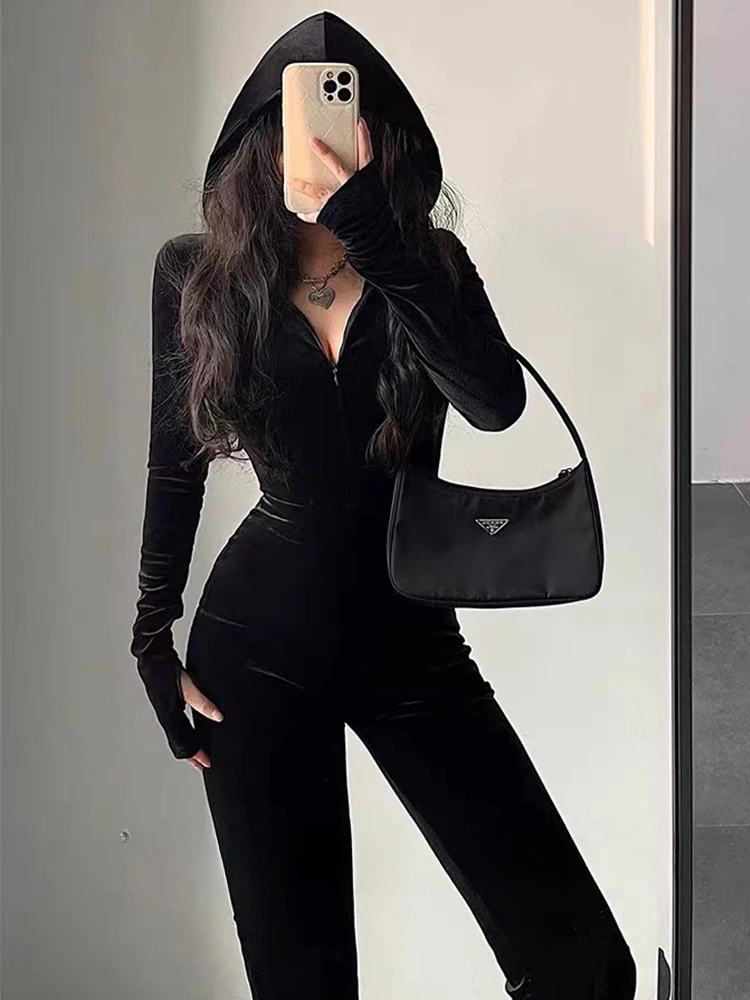 

Black Rompers Women Flare Pants Autumn Winter Clothes Slim Zipper Overall Fashion Streetwear Long Sleeve Velvet Hooded Jumpsuits